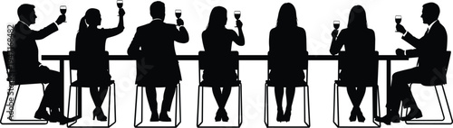 Business people toasting with wine glasses at dinner table silhouette collection, men and women celebrating together isolated on white background for party, meeting concept