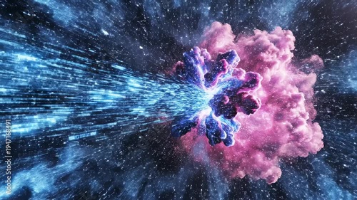 Abstract Cosmic Energy Collision and Explosion in Deep Space with Blue and Pink Nebula.
