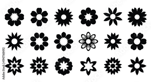 Diverse designs of stylized black and white floral patterns with varying petal shapes