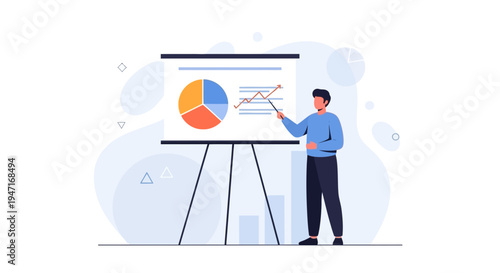 Man presenting financial data with pie chart and line graph on a whiteboard