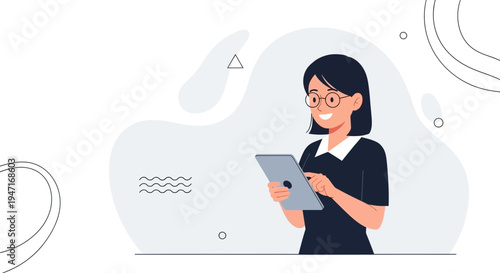 Smiling woman with glasses using a tablet, modern abstract background