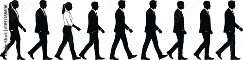 Business people walking silhouettes collection, professional men and women in formal office attire moving forward, corporate career concept isolated on white background