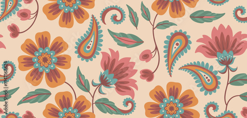 Retro floral paisley pattern in muted earth tones vintage