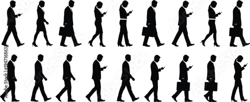 Business people walking silhouette collection with smartphone and briefcase, professional men and women walking poses isolated on white background for corporate lifestyle concept