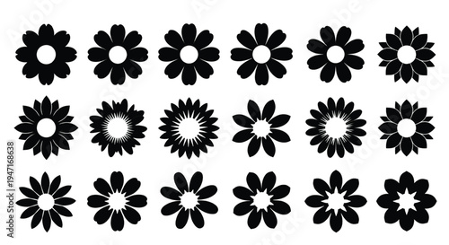 Varied black and white floral patterns arranged in a structured grid formation