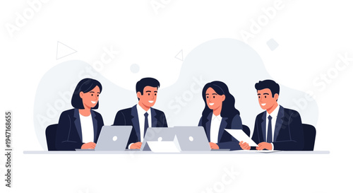 Diverse business team collaborating in a modern office meeting with laptops