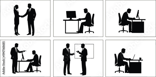 Business people working and meeting silhouette set including handshake, office desk work, discussion and corporate teamwork scenes isolated on white background for business design