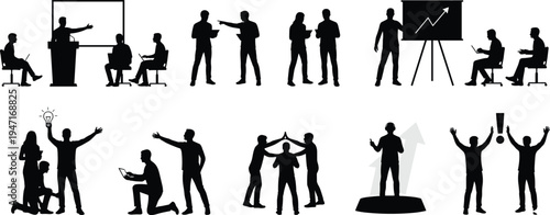 Business teamwork and leadership silhouette set showing presentation, brainstorming, collaboration, success celebration and corporate meeting activities in professional workplace environment.