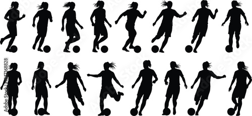 Black soccer player silhouettes set, football athletes kicking ball, professional sport action poses, isolated vector icons for competition, training, tournaments. (20 words)