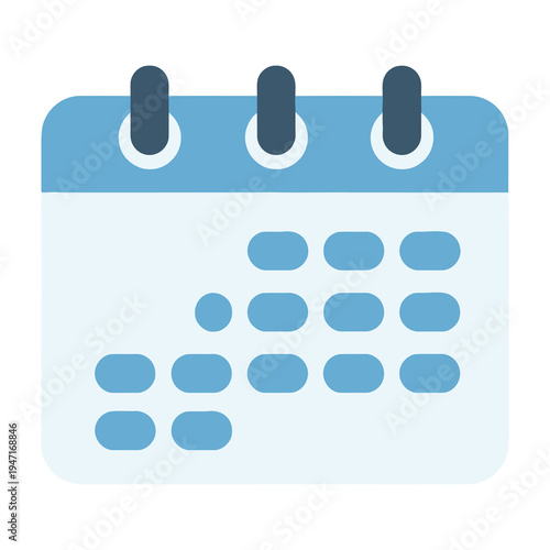 Blue calendar icon with dates and binder clips on white background symbolizing organization and planning
