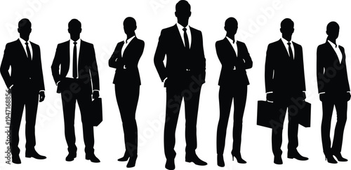 Business team silhouettes collection, professional men and women in formal suits standing with briefcases and confident poses isolated on white background for corporate teamwork concept