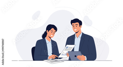 Business meeting: colleagues discussing financial report and using tablet, modern office.