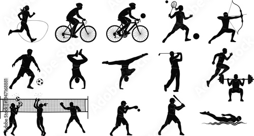 Black soccer player silhouettes set, football athletes kicking ball, professional sport action poses, isolated vector icons for competition, training, tournaments. (20 words)