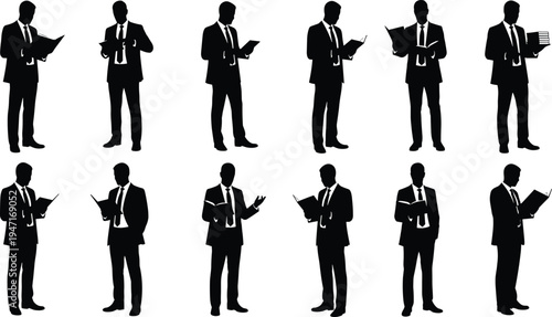 Businessman reading documents silhouettes set, professional office men holding files and reports, corporate worker poses isolated on white background for business and office concepts
