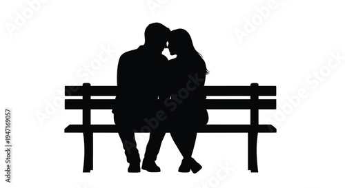 Couple embracing on a park bench against a white background silhouette