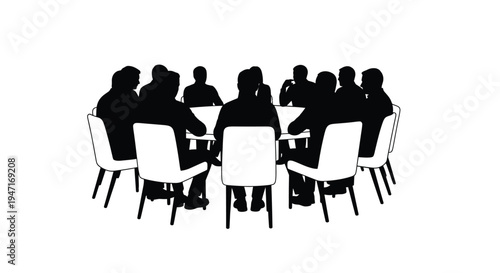 A group of people seated around a table depicted in silhouette