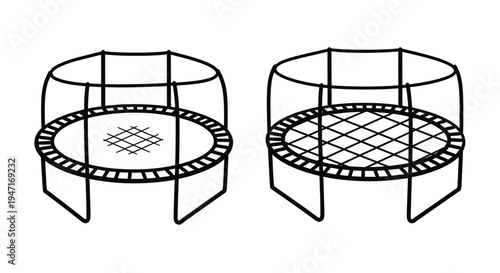 Two black and white line drawing illustrations of round trampolines silhouette