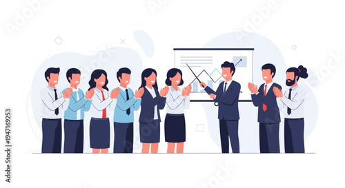 Business team applauding successful presentation at whiteboard