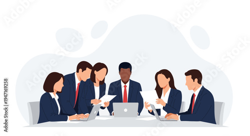 Diverse business team collaborating around a table with laptops and documents