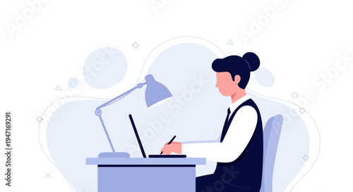 Woman working on laptop at desk with lamp, illustration, remote work concept