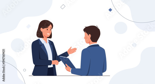 Business meeting: woman explains to man, professional discussion, modern office illustration