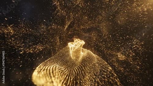 Abstract Golden Particle Wave Flowing in Dark Space with Bokeh Effect.