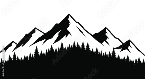 Dramatic mountain range and forest scene in stark black silhouette