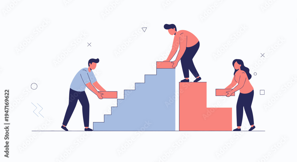 Obraz premium Teamwork building stairs, collaboration, progress, success, business growth concept