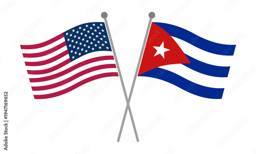 Obraz premium Crossed national flags of United States and Cuba on flagpoles representing diplomatic relations, international partnership and geopolitical cooperation vector illustration