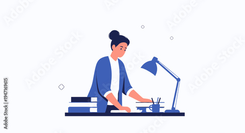 Woman studying at desk with lamp and books, focused on work or study