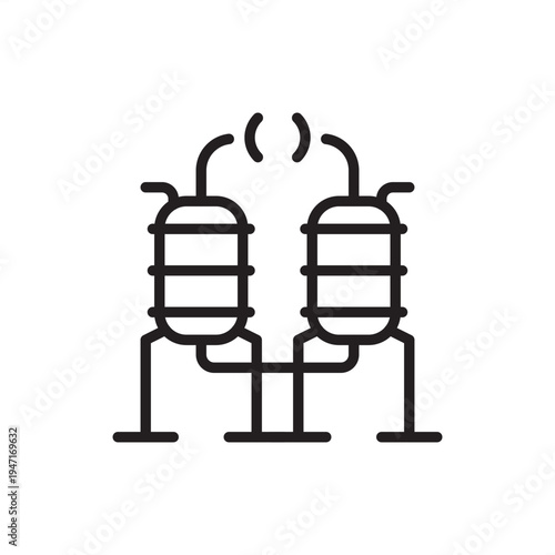 Solvent recovery icon. Green chemistry tech, representing distillation hardware, chemical recycling tools, VOC purification systems, sustainable manufacturing gear, and industrial waste management.