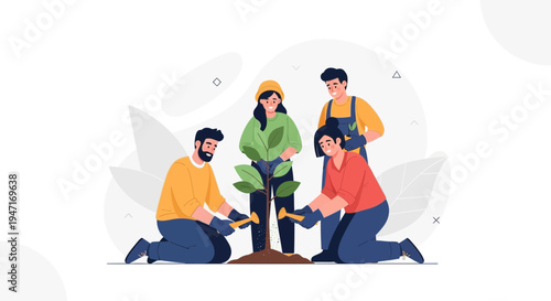 Diverse team planting a tree together, symbolizing growth, teamwork, and environmental care.