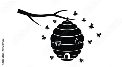 Black silhouette of a beehive with surrounding bees and a branch