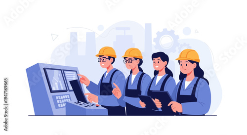 Team of engineers operating control panel in modern factory, industrial technology concept