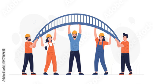 Teamwork building bridge, construction workers collaboration, unity, support, partnership, success