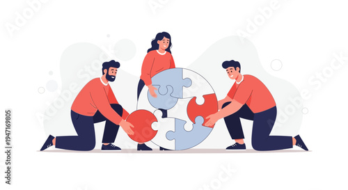 Teamwork puzzle collaboration, people connecting pieces for success, business strategy concept