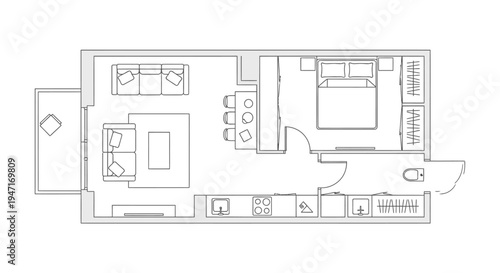 Detailed floor plan of a studio or one-bedroom apartment unit with integrated living room, kitchen, bedroom, and bathroom on an isolated white background.