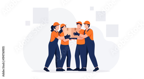 Team of movers carrying a box, teamwork, logistics, delivery service, flat illustration