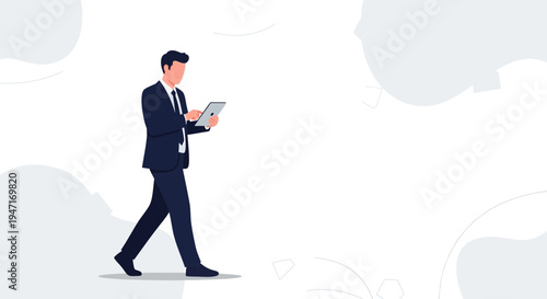 Businessman walking and using a tablet, modern business concept, minimalist background