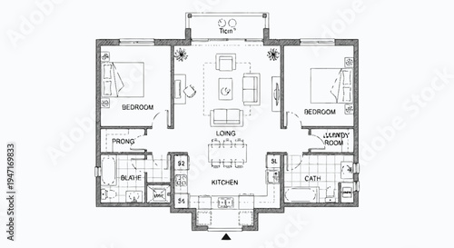 Detailed architectural floor plan of a modern multi-room apartment featuring bedrooms, living room, kitchen, and baths, highlighted with blue on an isolated white background.
