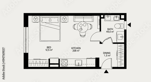 Detailed floor plan of a compact one-bedroom apartment with kitchen, dining area, and bathroom on a light grey background.
