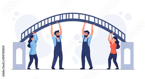 Teamwork building bridge, people constructing connection, collaboration and support concept