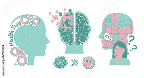 Mental health awareness vector illustrations, brain icons