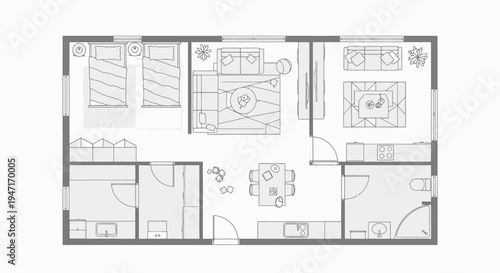 Spacious Three Bedroom Apartment Floor Plan with Open Concept Living and Dining Area on Isolated White Background