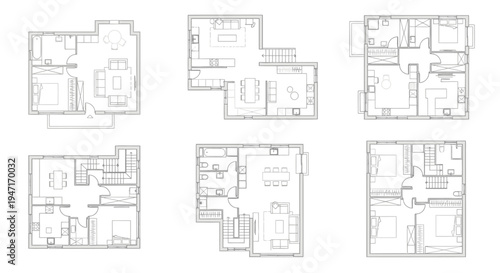Collection of multiple small-scale residential floor plans and room layouts, presented as a design concept on an isolated white background.