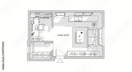 Modern house floor plan featuring a living study area, kitchen, and open-concept design, on an isolated white background.