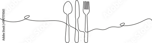 Knife spoon fork icon set top view vector one line continuous drawing illustration Hand drawn linear silhouette Minimalist continuous one line drawing of knife and fork on a white background, perfect 