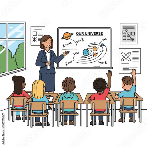 Teacher explains universe to students in a classroom setting with diagrams