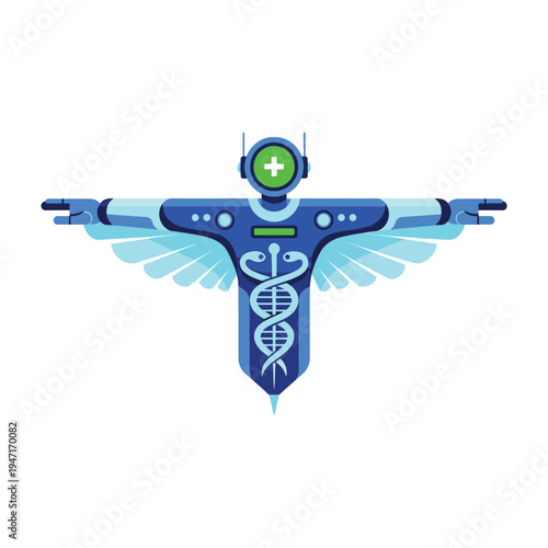 Blue robotic angel with green cross on helmet and dna symbol on chest futuristic medical technology concept with wings outstretched on white background