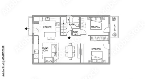 Apartment or small house floor plan with kitchen, living room, bedroom, two bathrooms, and a balcony, on an isolated white background.